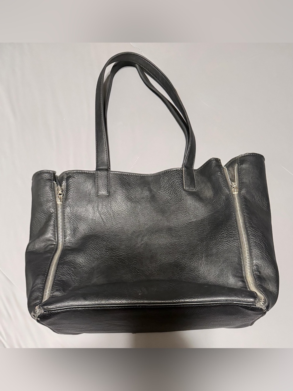 Black Faux Leather Tote Bag with Silver Hardware - Picture 2 of 15